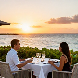Caribbean Holidays, March Adults Only, Elegant adults-only resort restaurant overlooking the sea at sunset in Turks and Caicos, with a couple dining outdoors