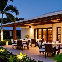 Caribbean Holidays, March Adults Only, Elegant adults-only resort terrace with outdoor dining, tropical planting and warm evening light in the Dominican Republic
