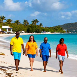 Caribbean Holidays, March Adults Only, Happy adult travellers walking along a sunny Caribbean shoreline in the United States Virgin Islands during March