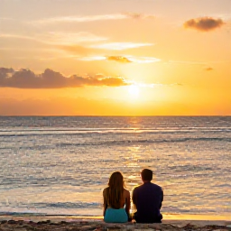 Caribbean Holidays, March Adults Only, Romantic sunset over a Dominican Republic beach with a couple sitting at the water's edge