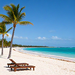 Caribbean Holidays, March Adults Only, Wide white-sand beach with clear turquoise water, palm trees and two sun loungers in Punta Cana, Dominican Republic