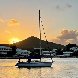 Caribbean Holidays, March Adventure, A small sailing boat off Gustavia harbour at sunset, with Saint Barth&eacute;lemy hills and waterfront buildings in the background