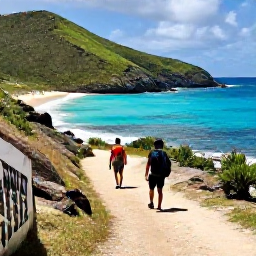 Caribbean Holidays, March Adventure, A sunny coastal trail above turquoise bays on Saint Barth&eacute;lemy in March, with hikers and rugged green hills