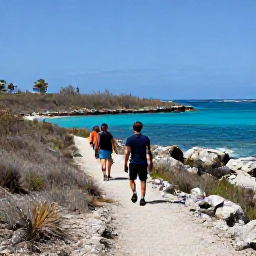 Caribbean Holidays, March Adventure, Hikers walking along a rocky coastal path towards Anse du Colombier, with clear blue water and dry tropical vegetation