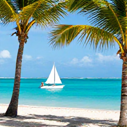 Caribbean Holidays, March Adventure Holidays, A bright Caribbean coastline in March with turquoise water, palm trees, a small sailing boat and travellers preparing for an active day