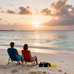 Caribbean Holidays, March Adventure Holidays, A couple relaxing on a quiet Caribbean beach after an active day, with snorkelling equipment nearby and a golden evening sky