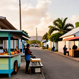 Caribbean Holidays, March Adventure Holidays, A friendly Caribbean village street with local food stalls, musicians and visitors discovering the island culture in warm afternoon light
