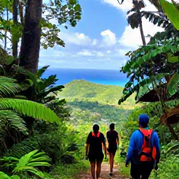 Caribbean Holidays, March Adventure Holidays, Hikers walking through lush Caribbean rainforest towards a viewpoint overlooking green hills and blue sea