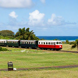 Caribbean Holidays, March Adventures, A historic sugar railway train travelling beside green fields and the Caribbean coastline on Saint Kitts