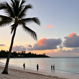 Caribbean Holidays, March Adventures, A relaxed Saint Kitts beach at sunset with palm trees, calm turquoise sea and travellers enjoying the shoreline