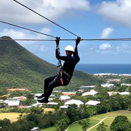 Caribbean Holidays, March Adventures, Adventurous traveller enjoying a zip line or canopy course in the Caribbean landscape of Sint Maarten