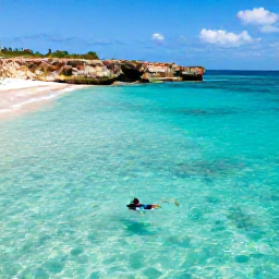 Caribbean Holidays, March Adventures, Bright turquoise sea and rugged coastline at Playa Kenepa, Cura&ccedil;ao, with a small snorkeller exploring clear shallow water