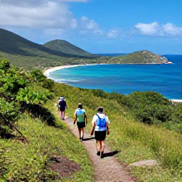 Caribbean Holidays, March Adventures, Hikers walking a green coastal trail on Saint Martin, overlooking bays and the Caribbean Sea