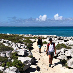 Caribbean Holidays, March Adventures, Hikers walking across a rugged coastal trail with limestone rocks, low scrub and panoramic blue ocean in Turks and Caicos