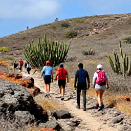 Caribbean Holidays, March Adventures, Hikers walking along a rocky trail through dry cactus-covered hills in Christoffel National Park, Cura&ccedil;ao