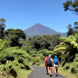 Caribbean Holidays, March Adventures, Hikers walking through lush green rainforest on Montserrat beneath a clear March sky, with volcanic hills in the distance