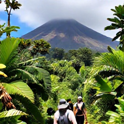 Caribbean Holidays, March Adventures, Hikers walking through lush rainforest towards La Soufriere volcano on Saint Vincent, with tropical vegetation and dramatic mountain views