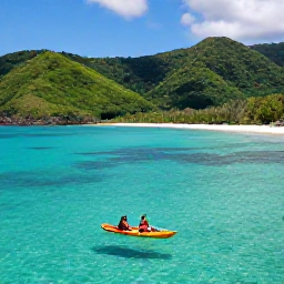 Caribbean Holidays, March Adventures, Kayaker and snorkeller enjoying clear turquoise water beside a quiet Montserrat beach with green hills behind