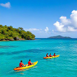 Caribbean Holidays, March Adventures, Kayakers exploring clear turquoise water beside green Caribbean islands in Saint Vincent and the Grenadines on a sunny March morning