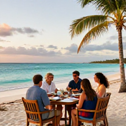 Caribbean Holidays, March Adventures, Relaxed travellers enjoying a beachside dinner at sunset with turquoise water and palm trees in Turks and Caicos