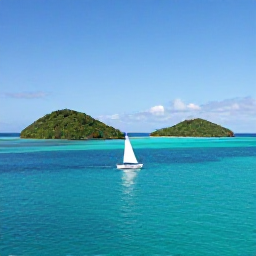 Caribbean Holidays, March Adventures, Small sailing boat passing uninhabited green islands and quiet bays in the Grenadines under a clear blue sky