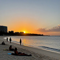 Caribbean Holidays, March Adventures, Sunset over a lively Caribbean beach in Saint Martin, with travellers relaxing after outdoor activities