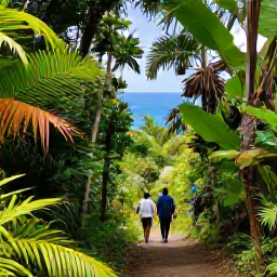 Caribbean Holidays, March Adventures, Travellers hiking through a tropical trail in Virgin Islands National Park on St John, surrounded by lush forest, palms and glimpses of the blue sea