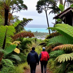 Caribbean Holidays, March Adventures, Travellers hiking through Montserrat rainforest with ferns, tropical trees and a distant Caribbean coastline