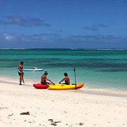 Caribbean Holidays, March Adventures, Turquoise sea, white sand beach and travellers preparing kayaks and paddleboards in Turks and Caicos in bright March sunshine