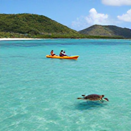 Caribbean Holidays, March Adventures, Visitors kayaking across clear Caribbean water near St John, with sea turtles visible below and green coastal hills in the background