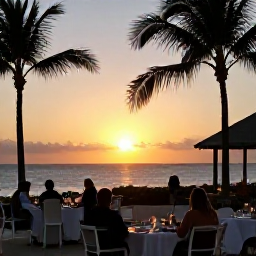 Caribbean Holidays, March All Inclusive, A Caribbean sunset viewed from an all-inclusive resort terrace in March, with warm evening light, palm silhouettes and guests dining outdoors
