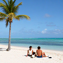 Caribbean Holidays, March All Inclusive, A couple relaxing on a quiet white-sand beach at an all-inclusive resort on Providenciales, Turks and Caicos, with palm trees and calm blue sea