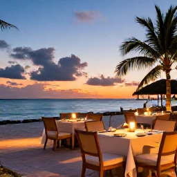 Caribbean Holidays, March All Inclusive, A relaxed evening at a beachfront all-inclusive resort in Turks and Caicos, with outdoor dining, warm lights and a colourful Caribbean sunset