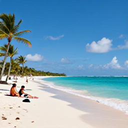 Caribbean Holidays, March All Inclusive, A sunny Caribbean beach in March with calm turquoise water, white sand, palm trees and a couple relaxing beside the shore