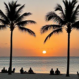 Caribbean Holidays, March All Inclusive, Aruba sunset over a calm beach with palm silhouettes, warm orange light and guests enjoying a peaceful evening