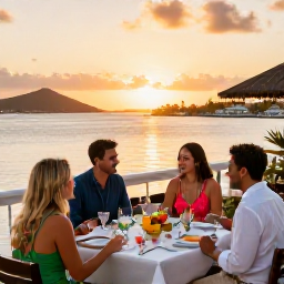 Caribbean Holidays, March All Inclusive, Colourful Caribbean dinner at an outdoor restaurant overlooking a British Virgin Islands harbour at sunset