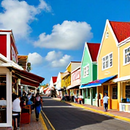 Caribbean Holidays, March All Inclusive, Colourful Oranjestad street in Aruba with Dutch Caribbean architecture, local shops and visitors exploring in warm March sunshine