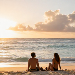 Caribbean Holidays, March All-Inclusive, Couple relaxing on a Saint Kitts beach at sunset with soft golden light, gentle waves and a welcoming Caribbean holiday mood