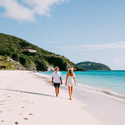 Caribbean Holidays, March All Inclusive, Couple walking along a quiet white-sand beach in the British Virgin Islands in warm March sunshine