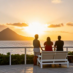 Caribbean Holidays, March All Inclusive, Couple watching a golden Caribbean sunset from an all-inclusive resort terrace in the United States Virgin Islands