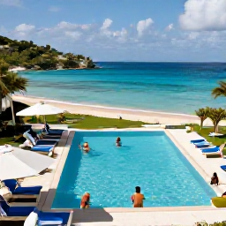 Caribbean Holidays, March All Inclusive, Guests enjoying a stylish all-inclusive resort pool overlooking a Caribbean beach in St Thomas, United States Virgin Islands