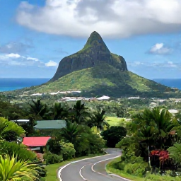 Caribbean Holidays, March All-Inclusive, Scenic view of Mount Liamuiga rising above lush Saint Kitts countryside, with a winding road, tropical vegetation and distant blue sea