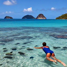 Caribbean Holidays, March All Inclusive, Snorkeller exploring clear shallow water near a British Virgin Islands reef, with colourful fish and rocky islands in the background