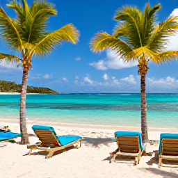 Caribbean Holidays, March All Inclusive, Sunny beachfront resort in the United States Virgin Islands in March, with turquoise water, palm trees and comfortable sun loungers