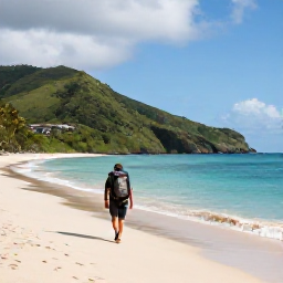 Caribbean Holidays, March Backpacking, A backpacker walking along a quiet tropical beach on Saint Vincent, with green hills and calm Caribbean water