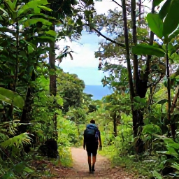 Caribbean Holidays, March Backpacking, A hiker crossing a lush rainforest trail on Saint Vincent beneath towering trees, with a distant view towards the coast