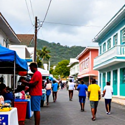Caribbean Holidays, March Backpacking, A lively but authentic street scene in Kingstown, Saint Vincent, with colourful buildings, local market stalls and Caribbean people going about their day