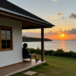 Caribbean Holidays, March Backpacking, A solo backpacker relaxing at a simple guesthouse terrace overlooking a tropical Caribbean bay at sunset