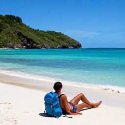 Caribbean Holidays, March Backpacking, Backpacker relaxing on a sandy beach in Tobago, clear turquoise water, green hills and a small rucksack nearby