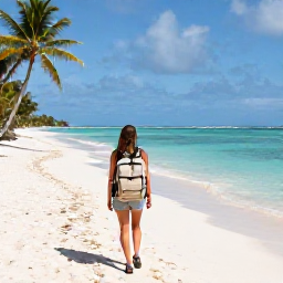 Caribbean Holidays, March Backpacking, Backpacker walking along a bright Caribbean beach with a light rucksack, turquoise water and palm trees, realistic travel photography